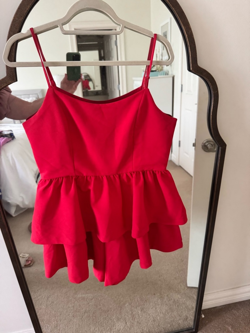 Women’s Red Tiered Peplum Spaghetti Strap Romper Dress Large